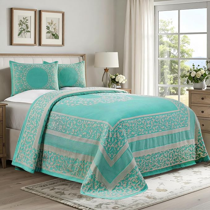 Superior Cotton Blend Bedspread Set, Includes 1 Tailored Bedspread and 2 Matching Pillow Shams, Lightweight Blanket, Bedding Decor, Jacquard Vintage Floral Mandala, Lyron Collection, Queen, Turquoise