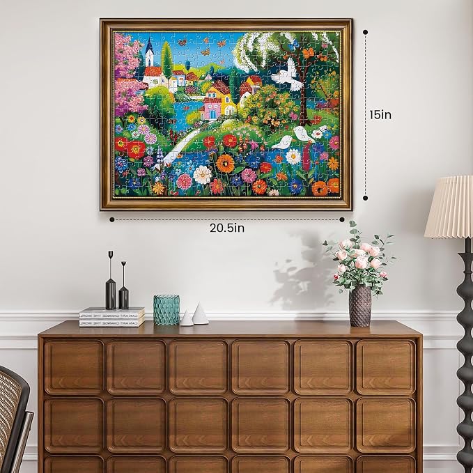 300 Pieces Puzzles for Adults, Large Piece Charming Village Jigsaw Puzzles,Colorful Village with Flowers,Birds Lake Puzzle for Kids Kids Ages 8-10 8-12 10-12,Puzzles for Family Game Nights,20.5x15 in