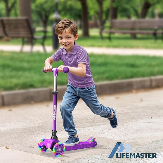 Lifemaster Mini 3-Wheel Kids Scooter with Multi-Color Wheel Lights – 4-Height Adjustable Handlebar, Wide Anti-Slip Deck, Child Safety Certified, Boys & Girls Ages 2+ Supports Up to 110 lbs