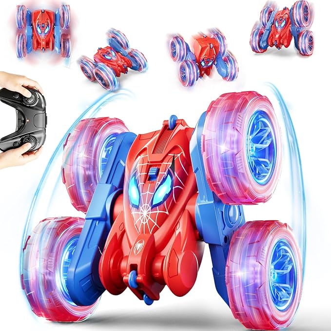 Spider Remote Control Car, 360° Stunt RC Cars for Kids Ages 6-12 Double-Sided Rotation, 4WD Cool Wheel Lights&2.4GHz Control; Rechargeable Electric Race Car Toys Gift for Boys Girls (Red&Blue)