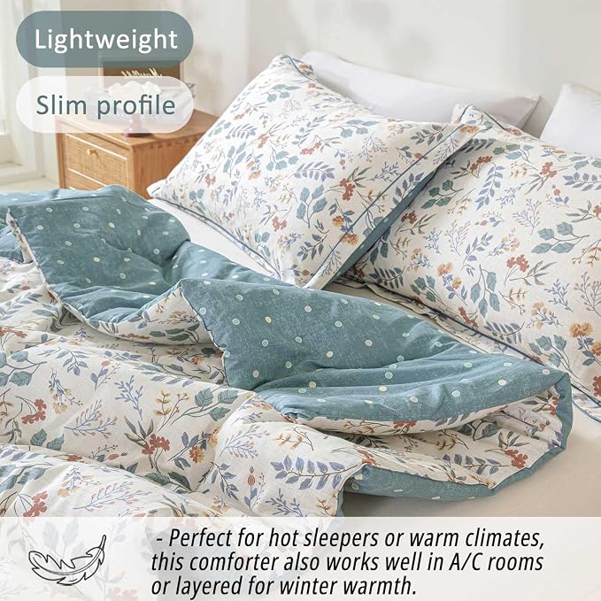 LEMIROE Botanical Cotton Comforter King Size - Lake Green Comforter with Dusky Blue & Warm Rust Leaves on Ivory,Reversible Lightweight Bedding Sets 3Pcs(Polka Dot)