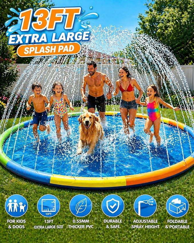 Instraella Splash Pad, 13FT Extra Large Sprinkler Play Mat for Dogs & Kids, 0.55mm Thickened Outdoor Water Toys, Foldable Summer Splash Mat for Toddlers, Children and Pets