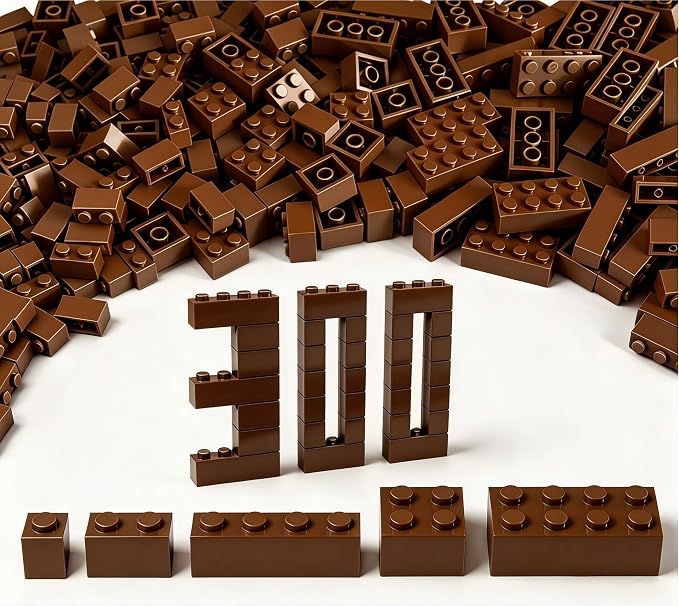 300Pcs Building Brick Bulk, Brown Bulk Bricks with 5 Sizes, Compatible with Lego and Parts and Pieces, Creative Halloween Christmas Building Block Toys for Boys Girls Ages 6 7 8 9 10 Years Old