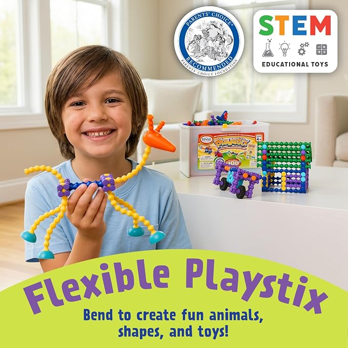 POPULAR PLAYTHINGS Playstix, Building Sticks Kit for Kids, Construction Stem Building Toy Gift for Boys & Girls - Super Set 400 Piece