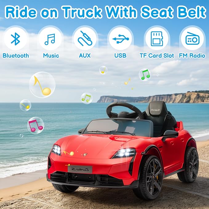 Winado 12V Kids Ride on Car, Licensed Porsche Taycan Electric Car for Toddlers, Battery Powered Ride on Vehicle W/Remote Control, with Bluetooth, 3 Speeds, LED & Rear Lights, Music & Horn (Red)