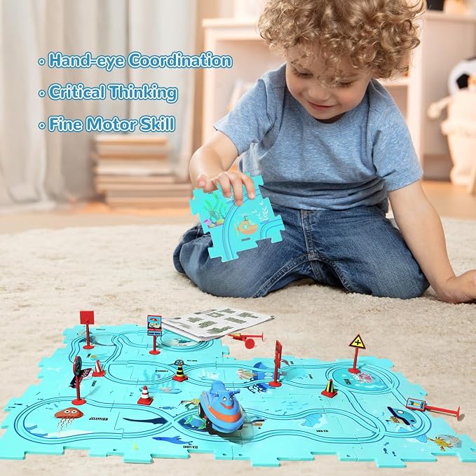 Puzzle Track Car Play Set, Plastic Puzzles for Kids Ages 3-5 with Vehicles, Electric Trolley Puzzle, Car Tracks for Toddlers, Toys Gifts for 3 4 5 6 Year Old Boys Girls