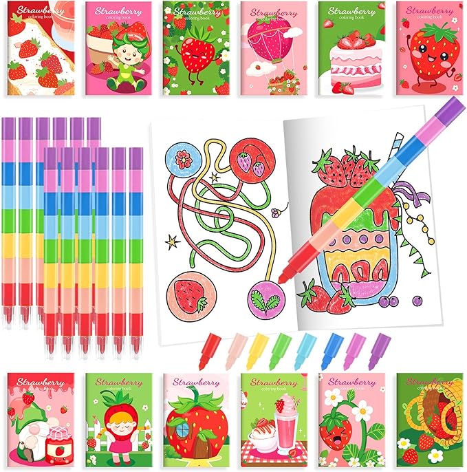 BenLouis 24 Strawberry Mini Coloring Books Kids with 24 Stacking Crayons Berry Party Favors Activity Books Bulk for Kids Girl Fruit First Goodie Bag Gift Stuffer Classroom Reward