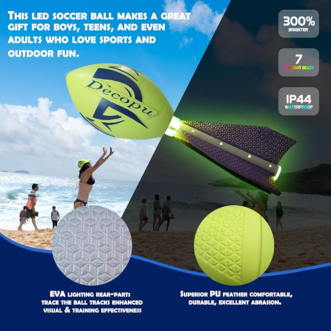 Rechargeable Glow in The Dark Light Up Football-7RGB Color Changing LED, Impact-Responsive, Durable Foam (No Pump), Perfect for Beach/Park/Backyard, Birthday Gift for Boys 6-15 Years Old