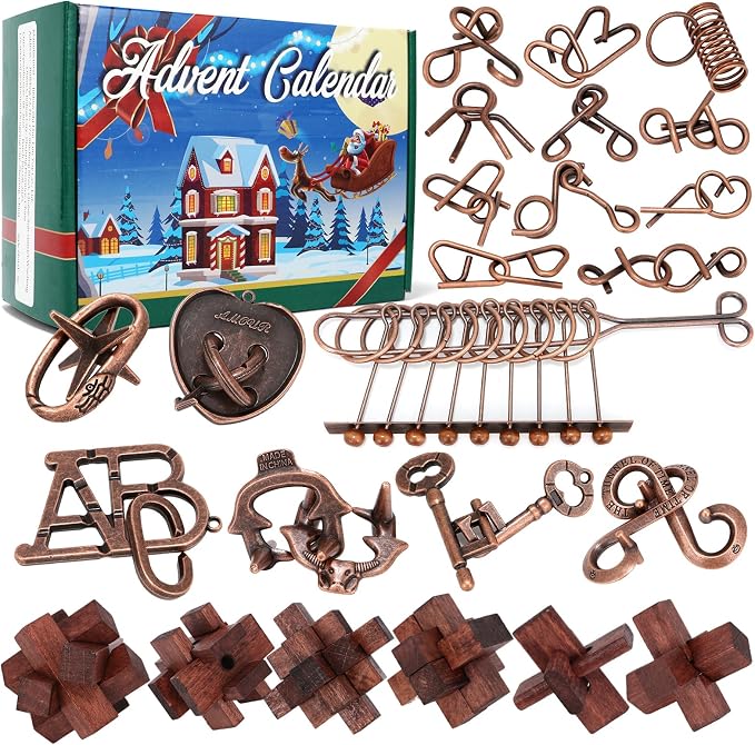 Advent Calendar 2025, Christmas Countdown Calendar Gift Box with 24 Brain Teaser Puzzles, 24 Days Metal & Wood Brain Teaser Puzzles Xmas Countdown Calendar Challenge for Adults Teens Boys Girls