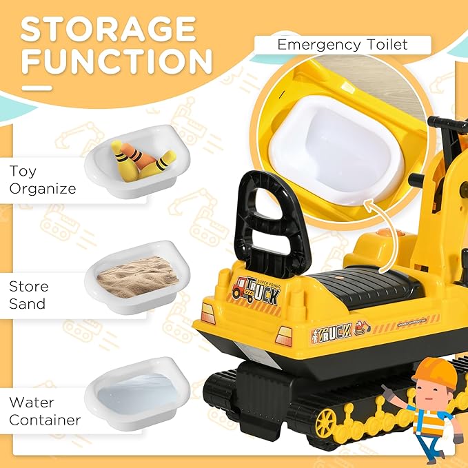 HOMCOM Qaba No Power Ride On Excavator Toy Tractors Digger Movable Scooter Walker Pretend Play Toddler Construction Truck Basket Storage for Boys Girls 18-48 Months Yellow Black