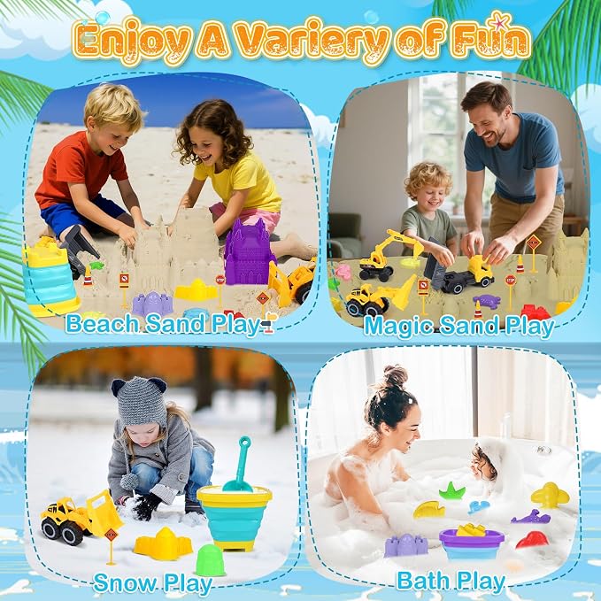 Beach Sand Toys for Kids - 31Pcs Sandbox Toy Set with 3 Trucks, 2 Collapsible Buckets, 2 Castle Buckets, Sand Molds, Shovels & Mesh Bag, Travel Summer Toy for Toddlers Boys Girls Age 3-10