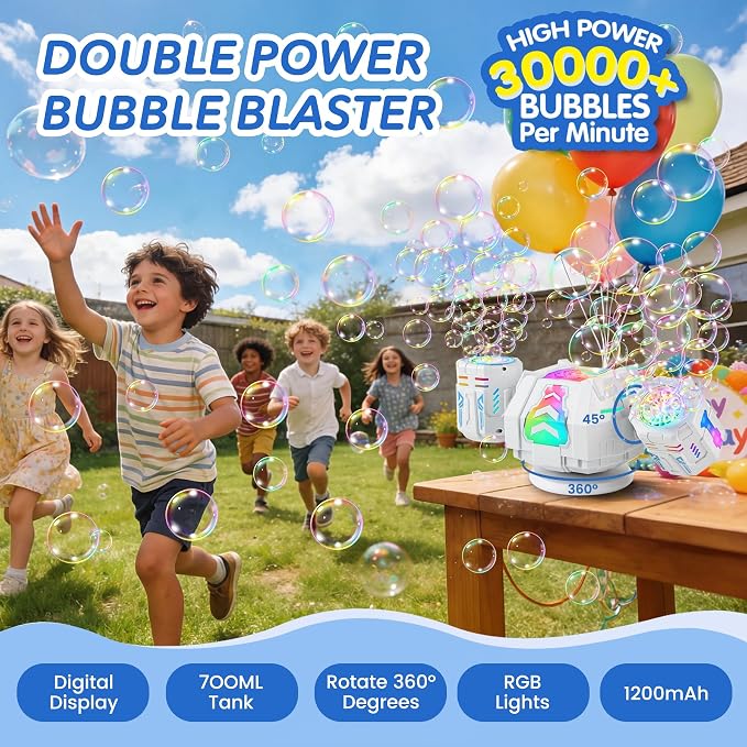 Bubble Machine with Remote Control, 360° Auto Rotation 30000+ Big Bubbles Multicolor LED Lights, Rechargeable Bubble Machine for Parties Birthday Wedding Boys Girls Indoor Outdoor