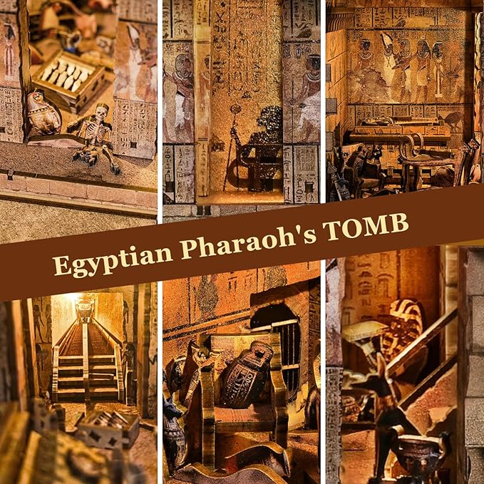 fifijoy Book Nook Kit - Egyptian Pharaohs Tomb DIY Miniature House Kit for Adults and Teens, Dollhouse BookNook Tiny House, Bookshelf Decor 3D Wooden Puzzle, Unique Gifts for Family and Friends