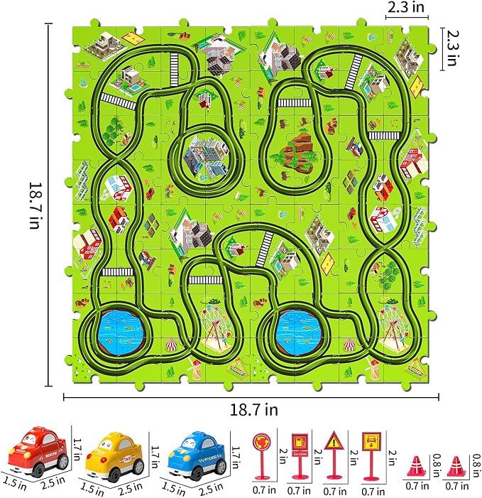 JUKUDAHU 64 Pieces Puzzle Race Track Car Set Toys for 3 4 5 6 Year Old Boys - Puzzle Tracks Car Toys for Kids Ages 3-5 with 3 Sliding Toy Cars, City-Themed, Birthday Gifts for Toddlers 1-3 2-4 4-6