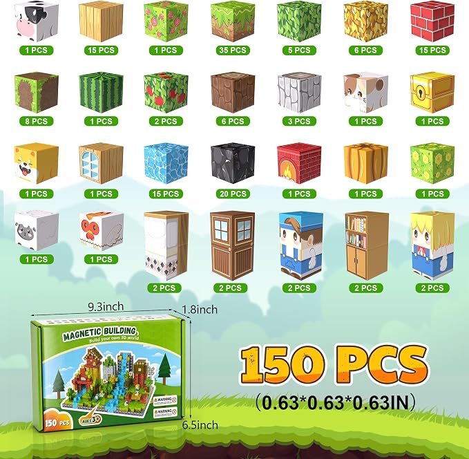 150PCS Magnetic Blocks, Magnetic Building Blocks, 0.63in Magnetic Building, STEM Game Stacking Toys for Kids, Birthday Gifts for Boys and Girls Age 3+ Years Old