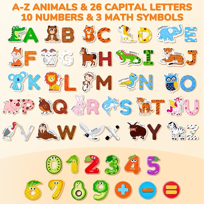 JoyCat Wooden Kids Magnets – 26 Cute Animals, Alphabet Uppercase Letters, and 0-9 Numbers, Fridge Magnets for Toddlers, Fun Educational Spelling Learning Gift for Toddlers & Kids
