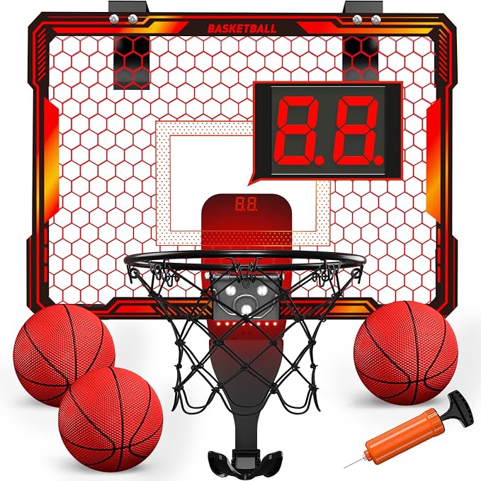 HYES Mini Basketball Hoop Indoor, Over The Door Basket Ball Hoop with 7 LED Lighting/Scoreboard/3 Modes/Foldable Rim, Wall Basketball Toy, Sport Decor Gifts for Kids Adult for Bedroom/Office (Red)