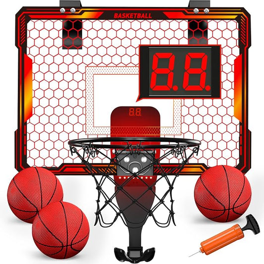 HYES Mini Basketball Hoop Indoor, Over The Door Basket Ball Hoop with 7 LED Lighting/Scoreboard/3 Modes/Foldable Rim, Wall Basketball Toy, Sport Decor Gifts for Kids Adult for Bedroom/Office (Red)