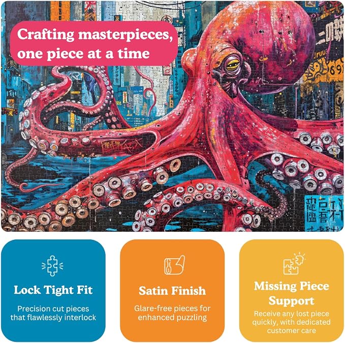 Cross & Glory | 1000 Piece Jigsaw Puzzles for Adults | Octopus City: Neon Overlord │ Cyberpunk Ocean Puzzle for Adults │ Satin Finish Octopus Puzzle 1000 Pieces │ Ages 14+