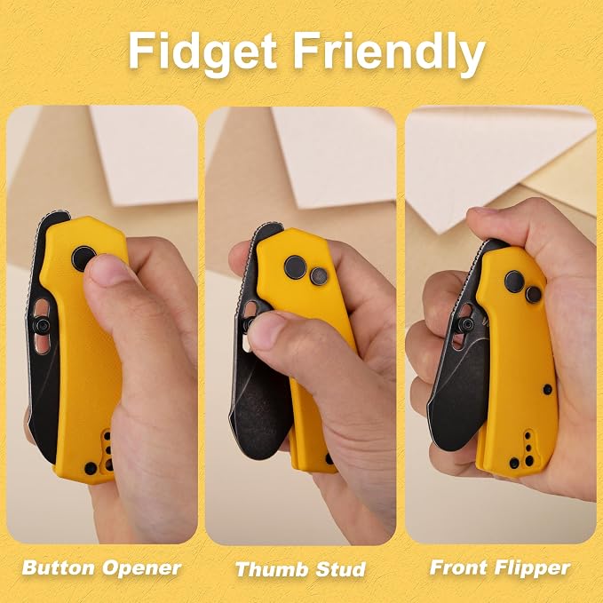 JIN Rhino Jr. Kids Pocket Knife, DIY Knife Kit, Fidget Toy Knives, 1.97” Unsharpened Steel Blade, Rounded Tip, Button Lock Folding EDC, Yellow G10 Handle
