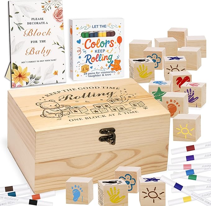 78 PCS Shower Games Sign Kit for Boys Girls, Wooden Box and Sign, Blank Wooden Blocks for DIY Drawing, Markers, Shower Game for Gender Reveal Activity, Shower Ideas Decorations, Bear A