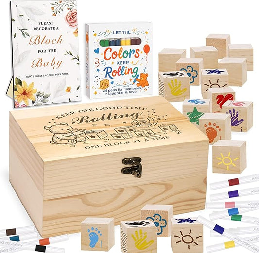 78 PCS Shower Games Sign Kit for Boys Girls, Wooden Box and Sign, Blank Wooden Blocks for DIY Drawing, Markers, Shower Game for Gender Reveal Activity, Shower Ideas Decorations, Bear A