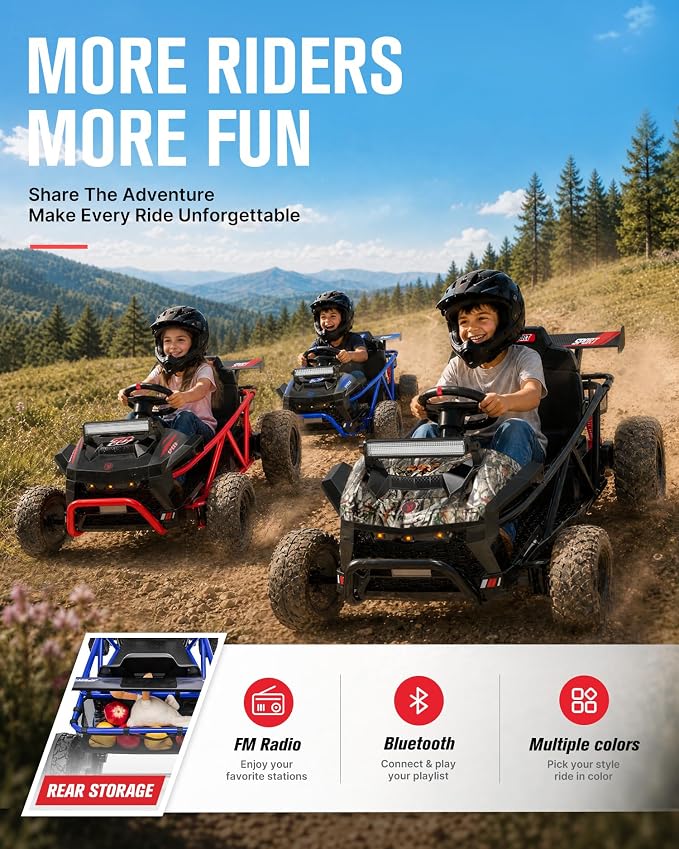 First Ride On 36V Kids Off-Road Go Kart, 400W Electric Ride-On Car for Ages 6+, Up to 9.3 MPH, EVA Tires, Metal Frame, Hall Throttle, Electronic Brake, Adjustable Seat, Bluetooth (Blue)
