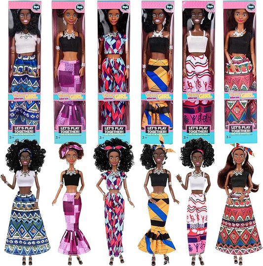 dollbie 6 Pack African American Fashion Dolls Set with Mix & Match Outfits – 11.5" Posable Black Dolls & 5 Accessories Each (Crown, Necklace, Headscarf & More) + Pink Gift Case