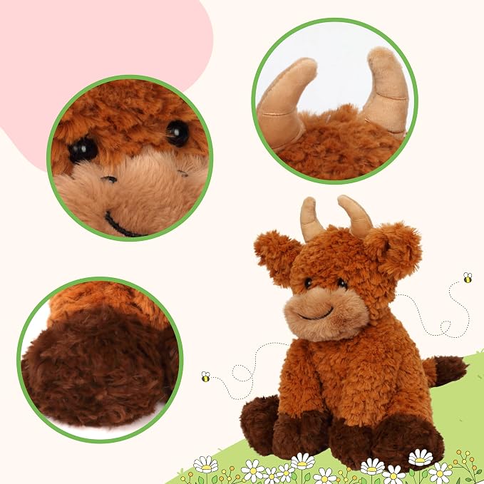 Hopearl Adorable Plush Highland Cow Toy Floppy Soft Kawaii Stuffed Animal Cute Birthday Holiday Gift for Boys Girls Kids Toddlers, Brown, 10''