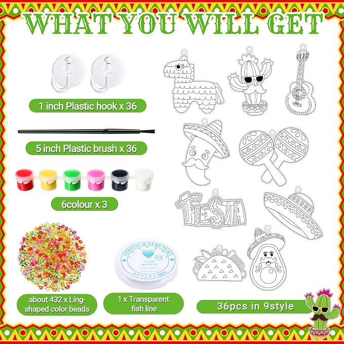 Pasimy 36 Sets Cinco De Mayo Suncatchers Craft Kits Mexican Fiesta DIY Paint Window Hanging Ornaments Decorations Taco Piñata Maracas Classroom Activities Arts Birthday Gifts Mexican Party Favors