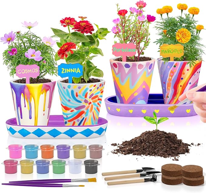 4 Set Paint & Plant Flower Gardening Kit - Gifts for Girls Ages 8-12, Arts and Crafts for Kids Ages 8-12, Kids Gardening Set, Toys Birthday Gifts for Kids Girls Boys Ages 6 7 8 9 10 11 12