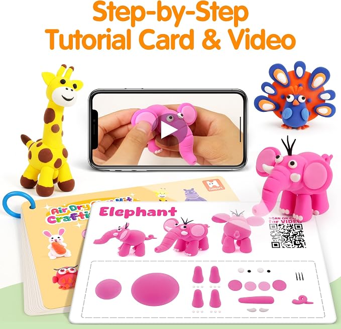Air Dry Clay Kit for Kids, 12 Animals Modeling Clay for Kids, Molding Clay with Tutorial Cards & Video, 8 Sculpting Tools, Ultra Light, Safe & Non-Toxic, DIY Arts and Crafts Toys Gifts for Boys Girls