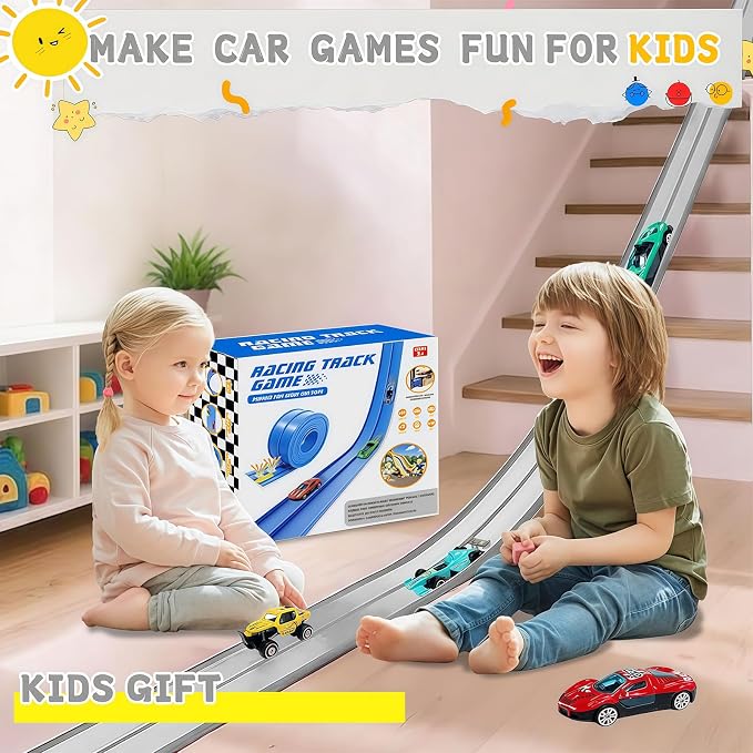 Flexible Race Track for Kids, 16 Ft Flex Race Car Ramp Track with Racing Cars Track Toys Compatible with Diecast 1/64th Hot Wheel Cars Rolls up Portable Car Ramp Toys for Boys and Girls Ages 3+ -