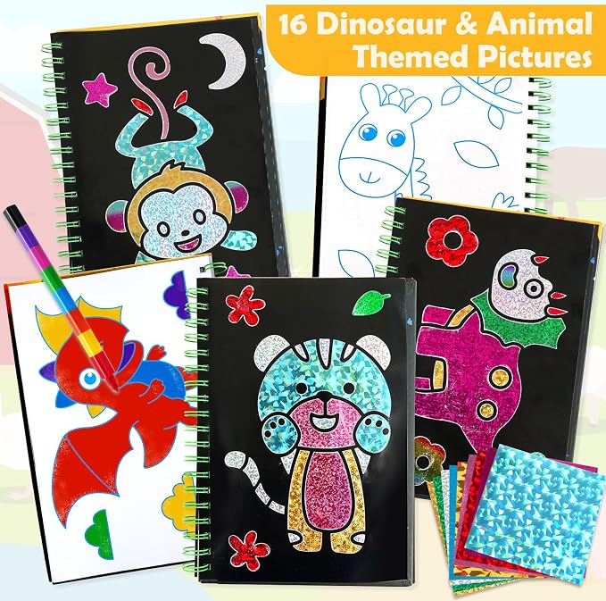 FUNNYB&G Foil Art Craft Kit for Kids 4-10 Years Old: Mess-Free & No-Glue, Create 16 Sparkly Dinosaur& Animal Pictures – Perfect Travel Toy & Birthday Gift for Kids (Dinosaur Animal)
