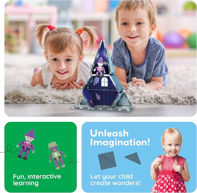 PicassoTiles Scary Haunted House Magnetic Tiles Building Block with 8 Halloween Theme Action Figure Magnet Construction Toy Kit Double-Sided Mansion STEM Playset Adventure Boys & Girls Ages 3+ PTQ03