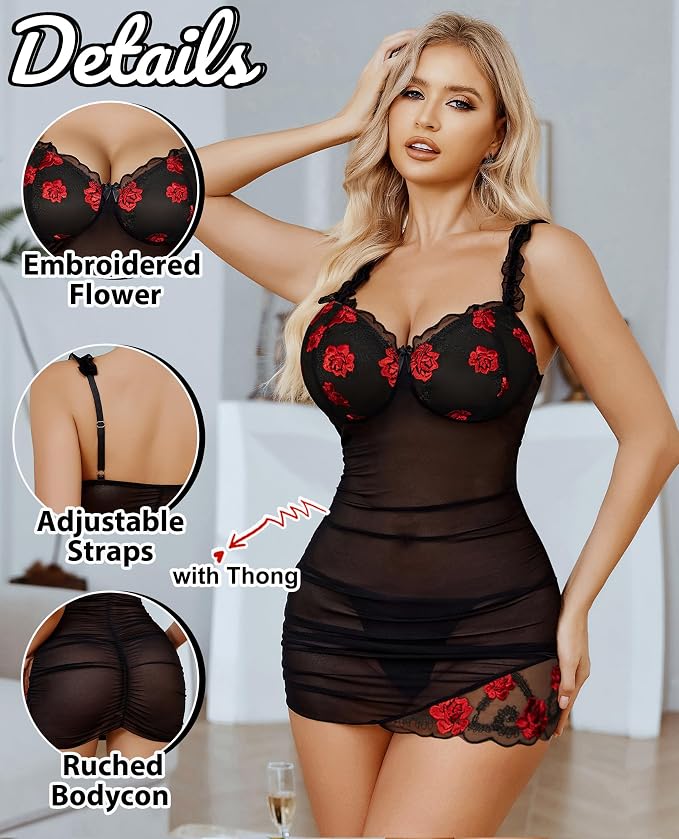 Avidlove Lingerie for Women Mesh Babydoll Lingeries Lace Chemise Floral Sleepwear Dress Sheer Exotic Boudoir Outfit S-XXL