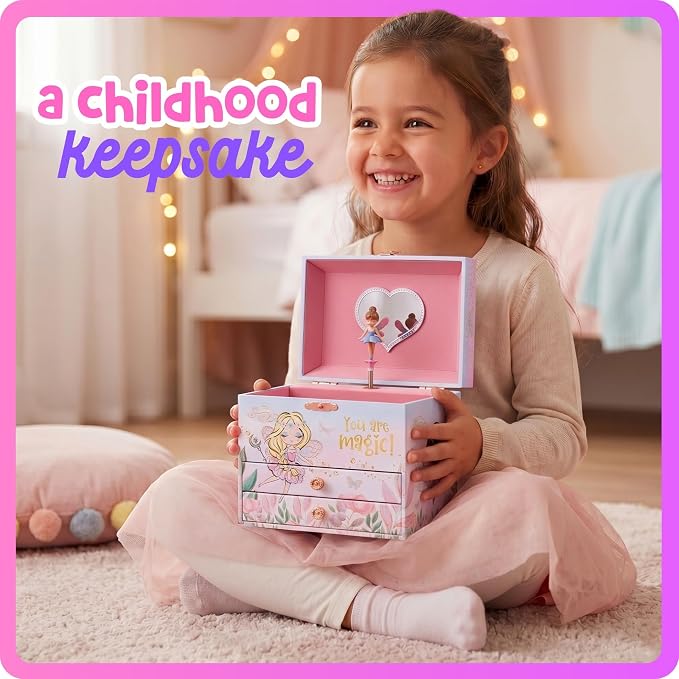 Giggle & Honey Musical Fairy Jewelry Box for Girls - Kids Music Box with Spinning Fairy and Mirror, Princess Birthday Gifts for Little Girls, Childrens Jewelry Boxes for Ages 3-10 - 6.8 x 5.3 x 6 in