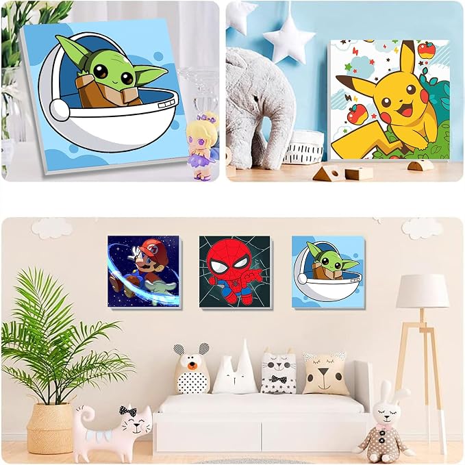 KOJEFCV 4 Pack Cartoon Paint by Numbers for Kids with Framed Canvas-with Wooden Easel, Paint by Number for Kids Ages 4-8-12, DIY Easy Acrylic Oil Painting Kits for Home Wall Decor (8X8inch)