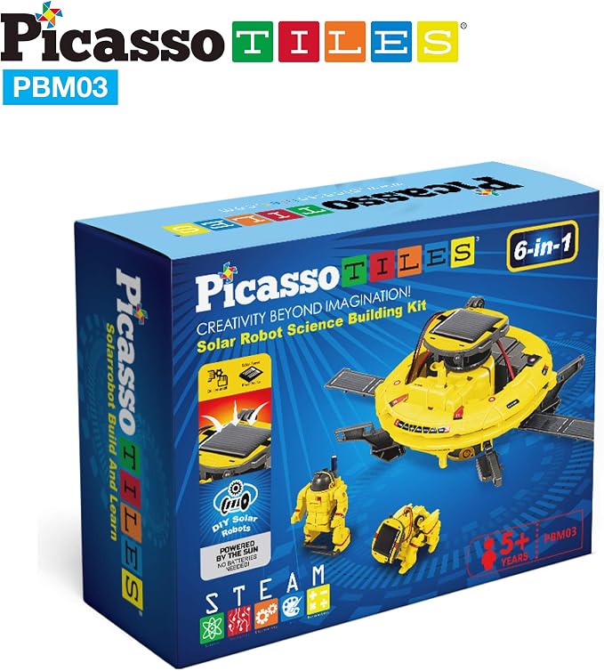 PicassoTiles STEM Kids Solar Powered Space Robot Educational Learning Engineering Building Toy 6-in-1 Creative Unique Transformation Renewable Sun Energy Science Experiment DIY Kit Boys Girls Age 8+