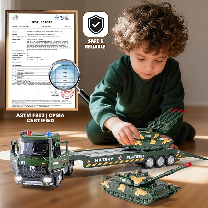 HAPYAD Green Military Big Truck Set Metal Cab, Semi Truck with Trailer, Tank, Missile Tank, Die-cast Army Vehicles Toys with Lights & Sounds, Ideal Gift for 3 4 5 6 7 Years Old Boys Kids Toddlers