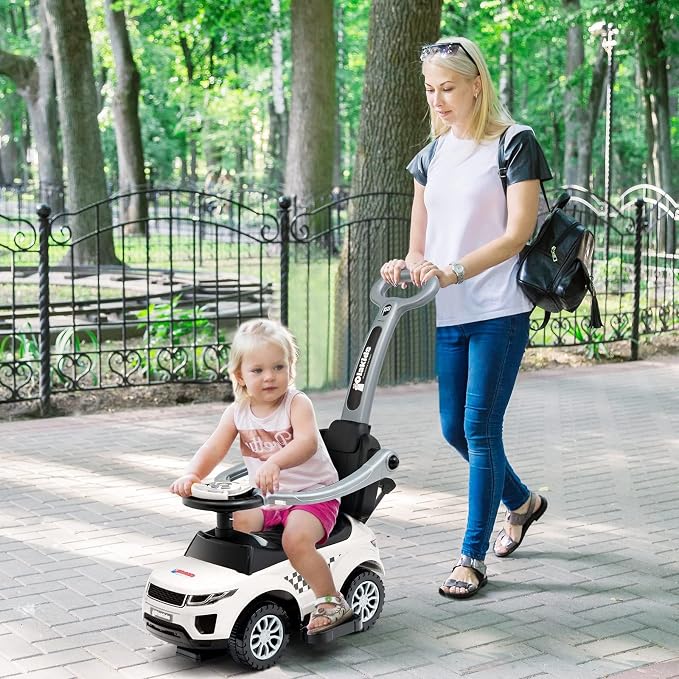 OLAKIDS 4 in 1 Ride on Push Car, Toddlers Stroller Sliding Walking Toy with Horn, Music, Lights, Removable Guardrails Handle, Underneath Storage, Foot-to-Floor Walker for Boys Girls (Ivory White)