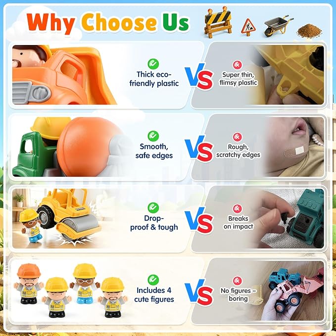 PLAY Recyclable 4 Pcs Construction Truck Toys with 4 Figures for Kids Ages 2 3 4 5 – Dump Truck Vehicle Toy Set, Non-Toxic Toy Car Gift for Toddler Boys and Girls