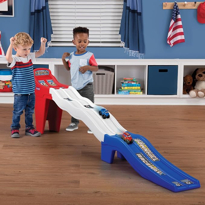 Simplay3 Fast Track Downhill Toddler Race Track Toy with Dual Lane Car Ramp Racing Set, Includes 2 Toy Cars, Indoor Active Play Raceway, Red/White/Blue