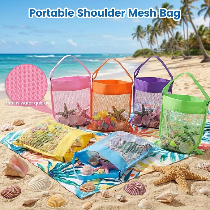 FUTUREPLUSX 6PCS Mesh Beach Bags for Kids, Colorful Small Seashell Collecting Bags Adjustable Strap for Holding Shell Sand Toy