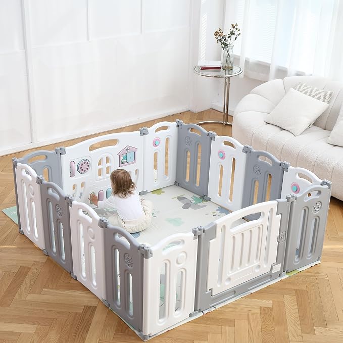 Baby Playpen Kids Activity Centre Safety Play Yard Home Indoor Outdoor New Pen (14panels White Grey)