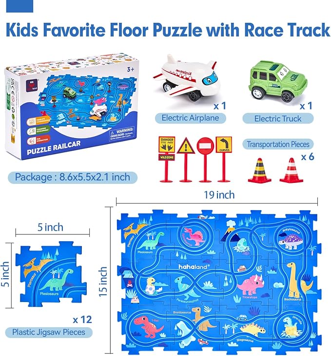 hahaland Dinosaur Race Track for 3+ Year Old Boys, Puzzle Racer Car Track Set with Airplane & Car, Toddler Puzzle Racetrack, Educational Car Puzzle Toy, Gift for 3 Year Old Boys