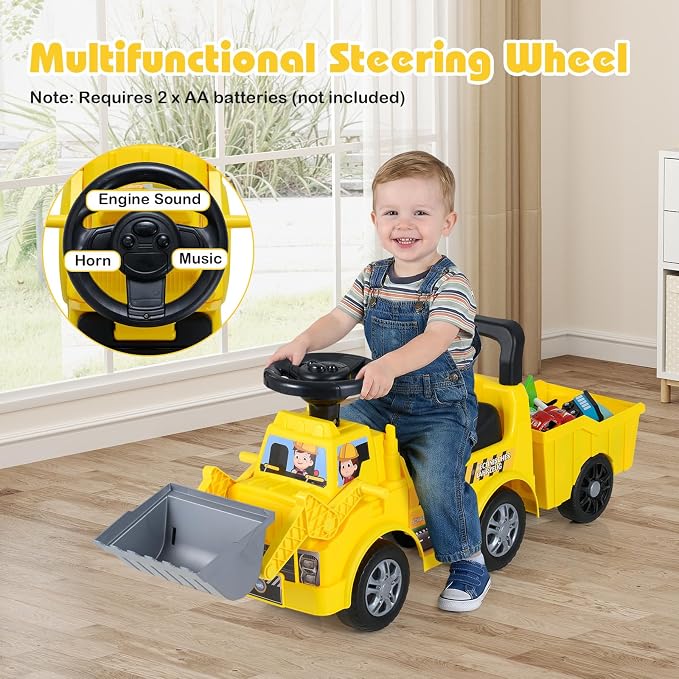 Costzon Ride on Excavator, Kids Tractor Digger Bulldozer Push Car w/Shovel, Detachable Trailer, Under-Seat Storage, DIY Stickers, Sit and Scoot Ride on Toy, Construction Car for Toddler 18+ Months