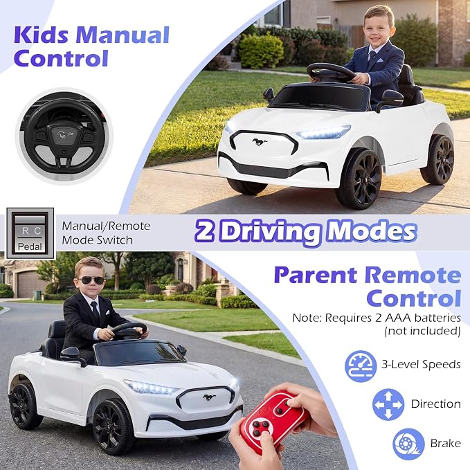 Costzon Ride on Car, 12V Licensed Ford Mach E Kids Electric Vehicle with Parent Control, LED Lights, Horn, Music, Wireless Connection & Spring Suspension, Kids Car Toy for Girls Boys (White)