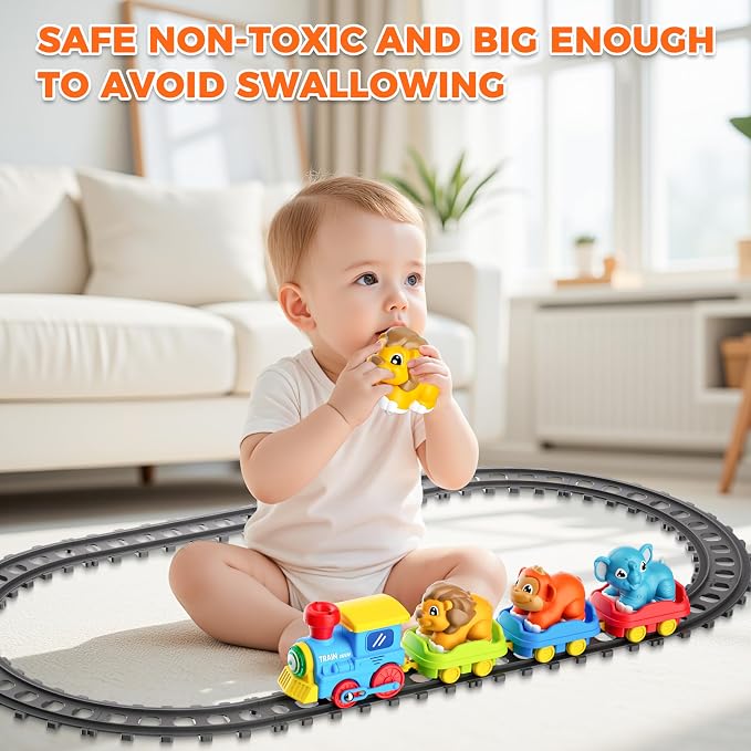 Train Set for Toddlers with Steam, Music, Lights and 3 Animal Cars | Electric train fun meets animal play with music, lights and a playful steam effect.