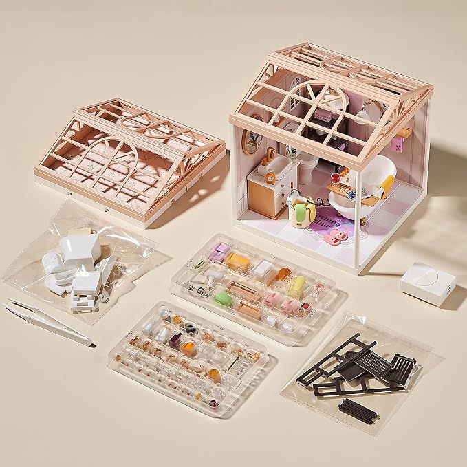 DIY Miniature Bathroom Kit with 101Pcs, 1:24 Scale Dollhouse Furniture with LED Light, Realistic Accessories & Connectable Base for Adults & Kids 8+
